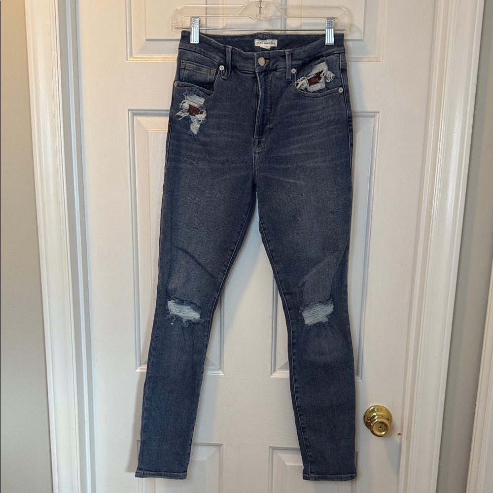 Good American Dark Blue Distressed Skinny Jeans